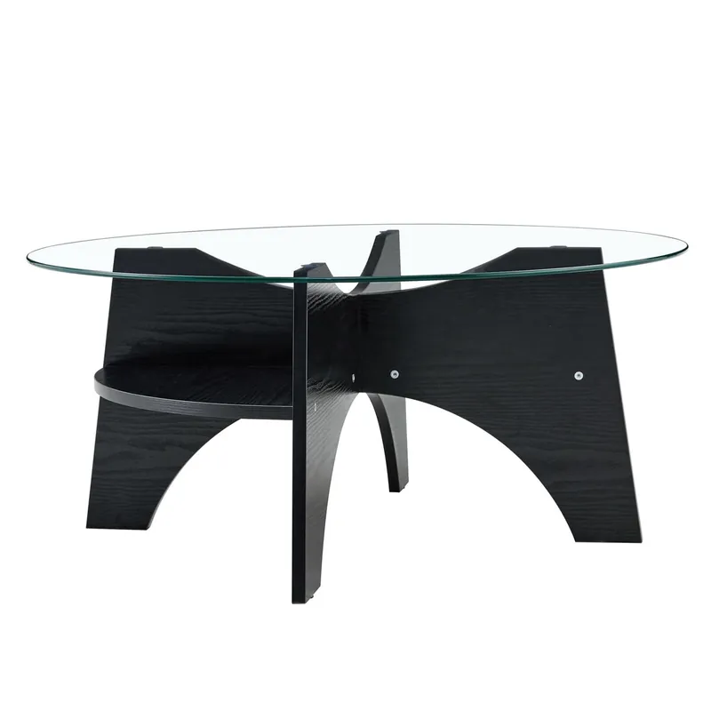 Mesa de centro redonda Ø80 cm - cristal transparente, estructura MDF en madera natural