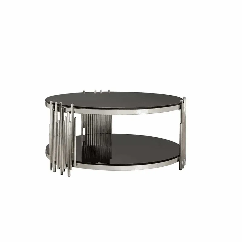 Mesa de café moderna 80 cm - Mesa de vidrio con doble tapa, base de acero plateado, mesa redonda para salón/oficina - Negro y plata