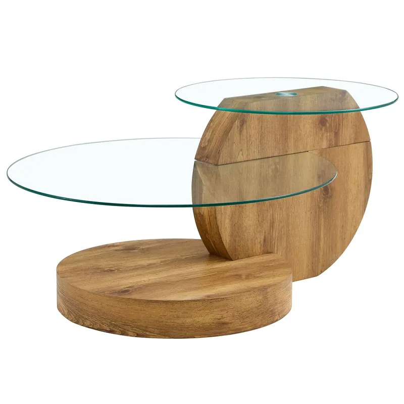Mesa de centro de vidrio templado - diseño minimalista y capas - MDF con textura madera - Transparente+Madera