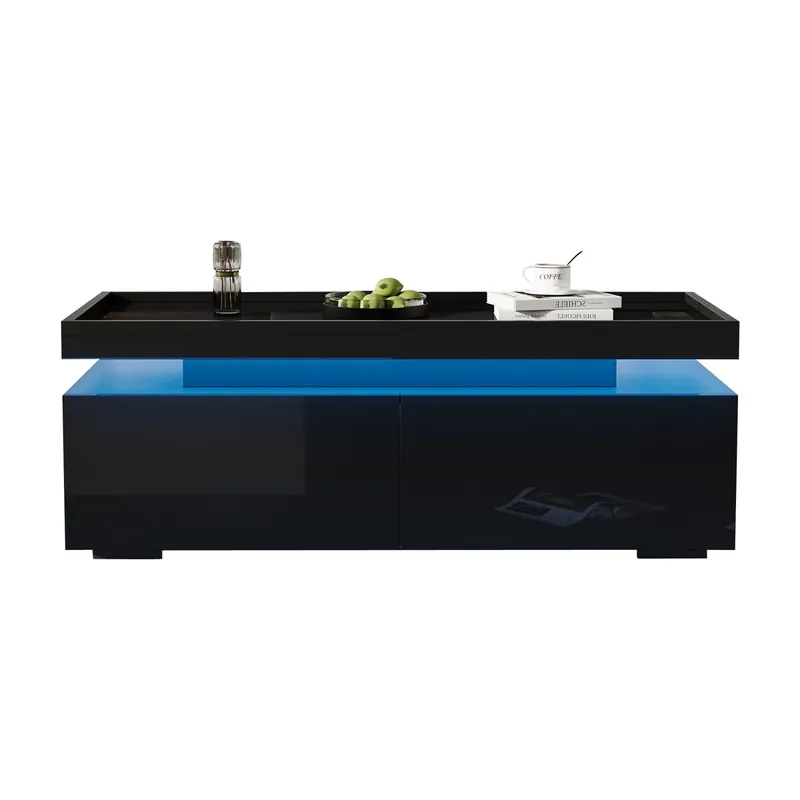 Mesa de centro 95×45×35 cm - LED, 2 cajones, diseño geométrico, alto brillo - blanco