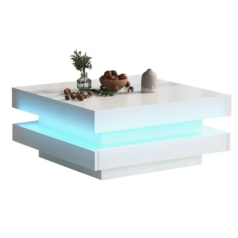 Mesa de centro cuadrada de panel de partículas con luz led,blanco - Muebles