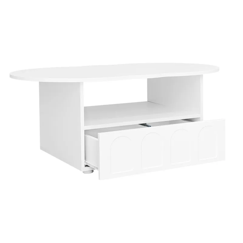 Mesa de centro curva de panel de partículas con 1 cajón,blanco - Muebles
