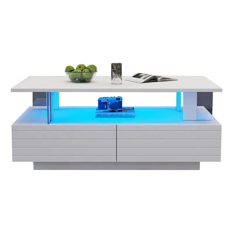 Mesa de centro rectangular de acrílico con 2 cajónes y luz led,blanco - Muebles