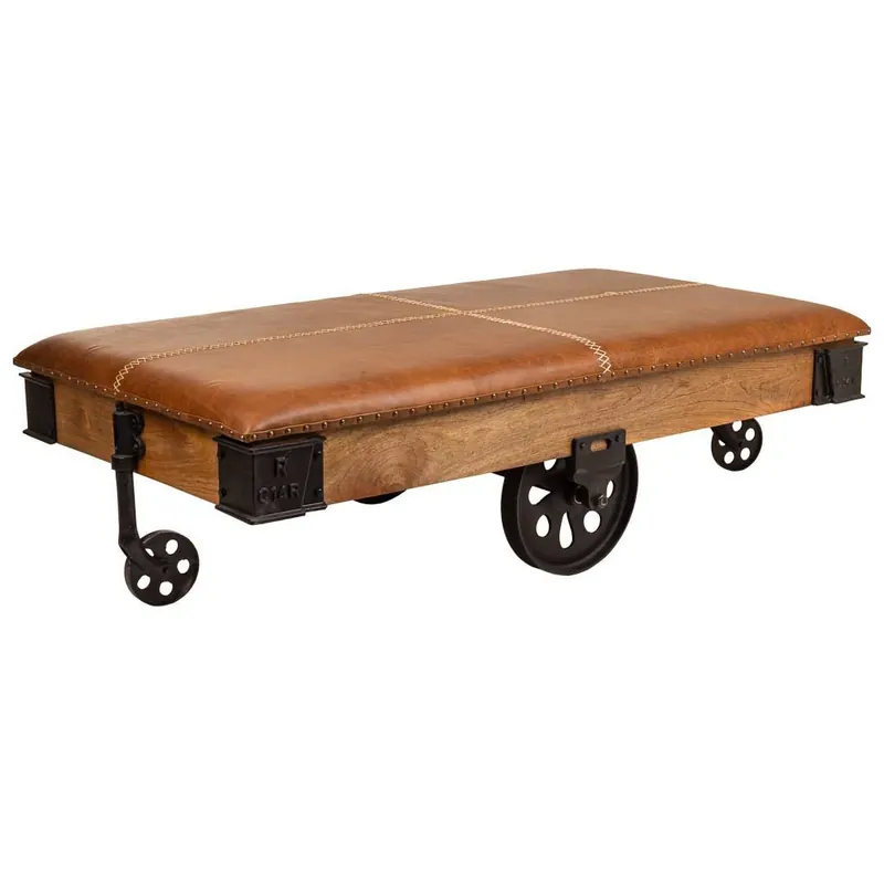 Mesa de centro de madera, metal y piel marrón 165x90x52 - Muebles