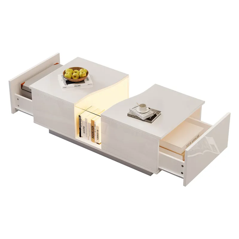 Mesa de centro rectangular de mdf con 2 cajónes y luz led,blanco - Muebles