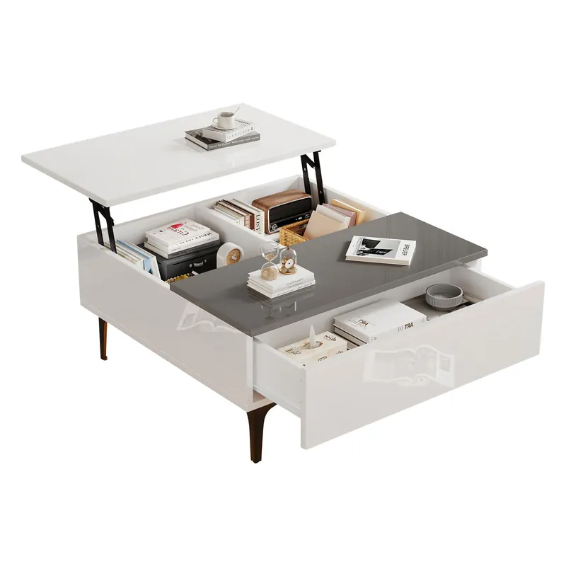 Mesa de centro elevable cuadrada de mdf con 1 cajón y luz led,blanco - Muebles