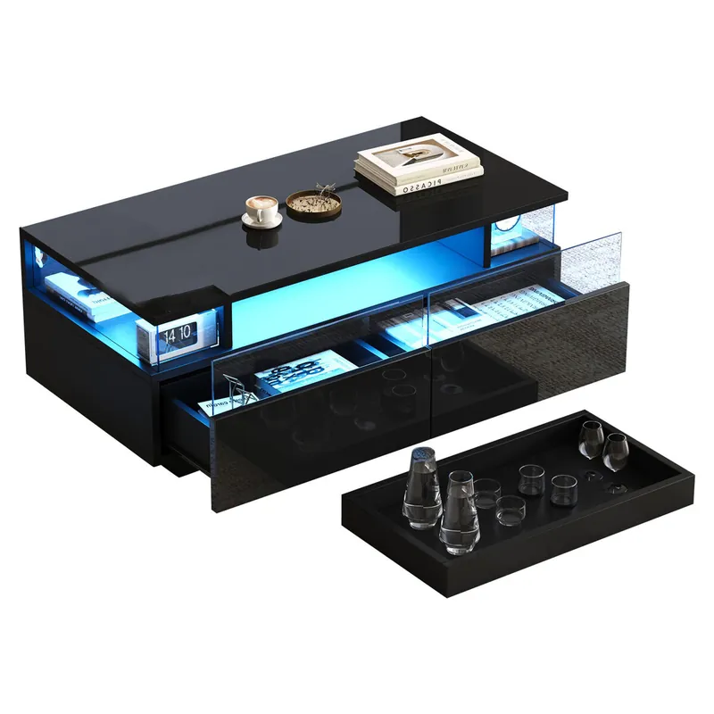 Mesa de centro rectangular de mdf con 2 cajónes y luz led,negro - Muebles