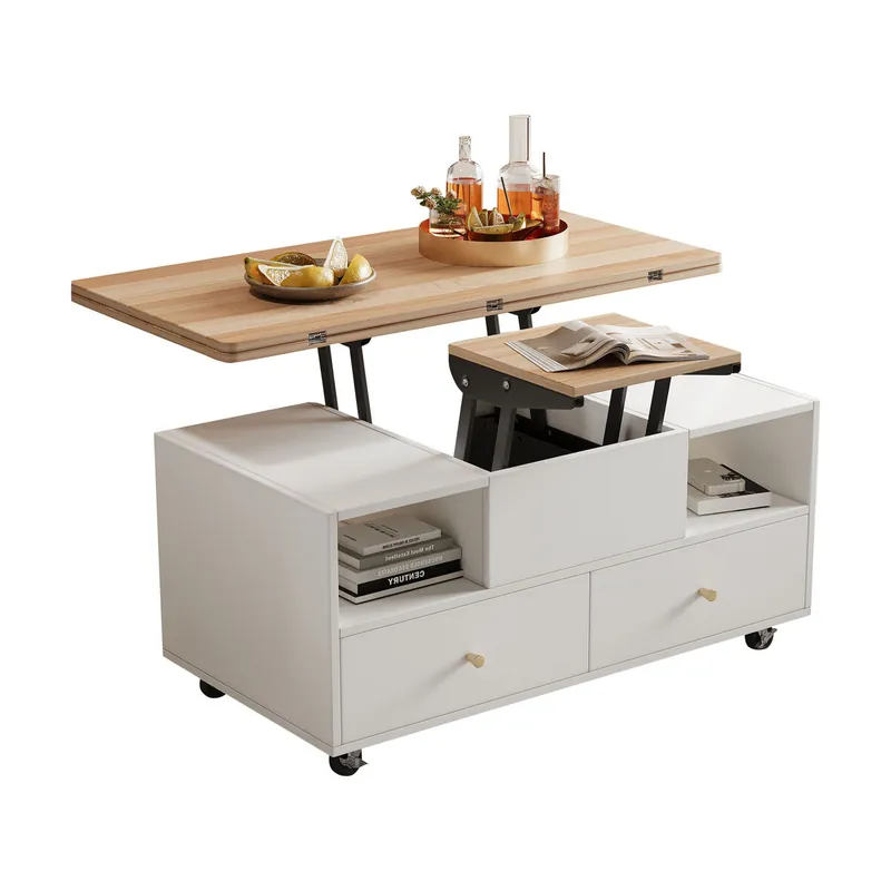 Mesa de centro elevable rectangular de mdf,blanco+natural - Muebles