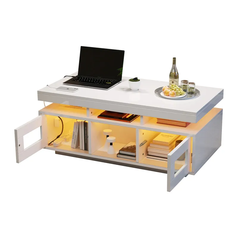 Mesa de centro rectangular de panel de partículas con luz led,blanco - Muebles
