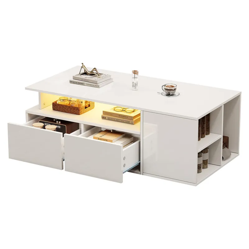Mesa de centro rectangular de panel de partículas con 2 cajónes y luz led,negro - Muebles