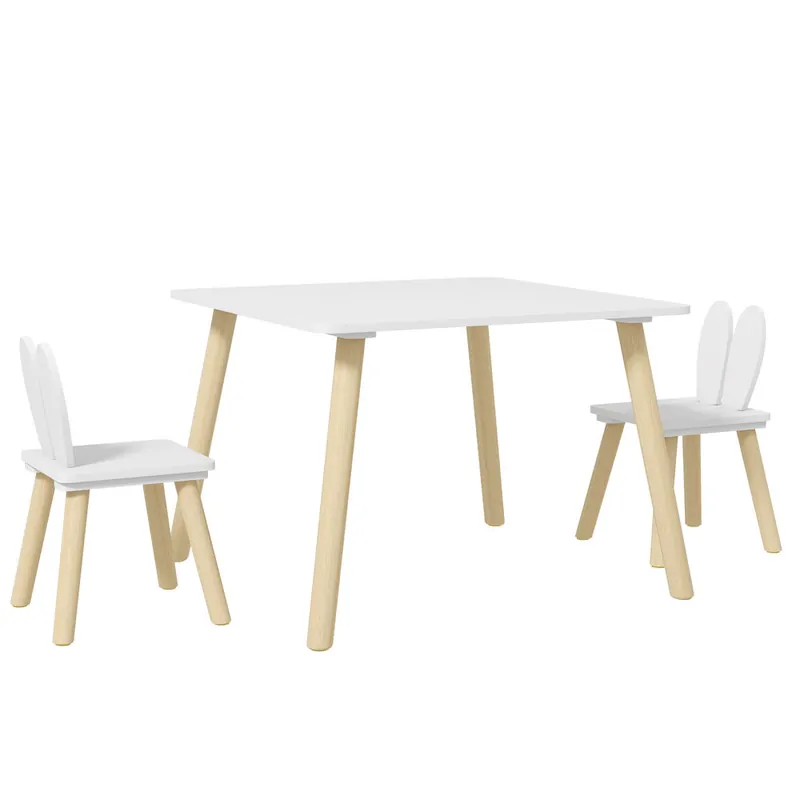 AIYAPLAY Juego de Mesa y 2 Sillas Infantiles Mesa Infantil con Sillas Respaldos con Orejas de Conejo Mesa Infantil para Guardería Sala de Juegos Blanco - Muebles