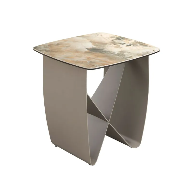 ANGEL CERDA Mesa rincón cuadrada mármol porcelánico y acero taupé metalizado - Muebles