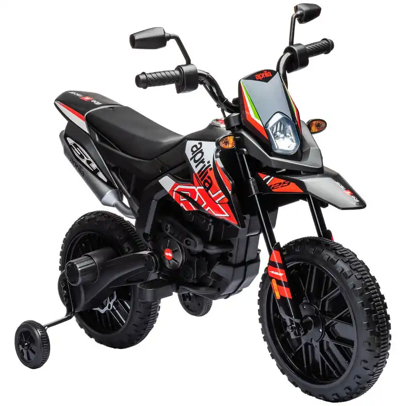 AIYAPLAY Moto Eléctrica para Niños 12V con Licencia Aprilia, Moto Eléctrica Infantil con Ruedas Auxiliares Desmontables, 6 km/h, Suspensión Trasera, Faro, Música y USB, para Niños 37-96 Meses, Blanco