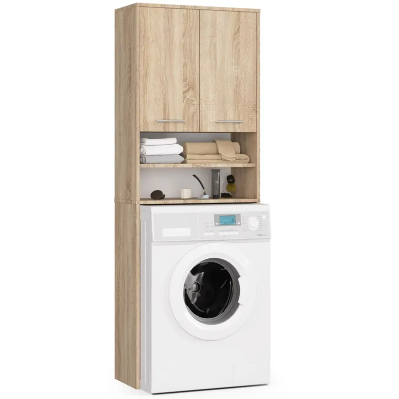 Columna de baño AKORD FIN para empotrar la lavadora Roble Sonoma 64 cm hueco 2 puertas color Blanco mate 4 estantes 64x30x180 cm