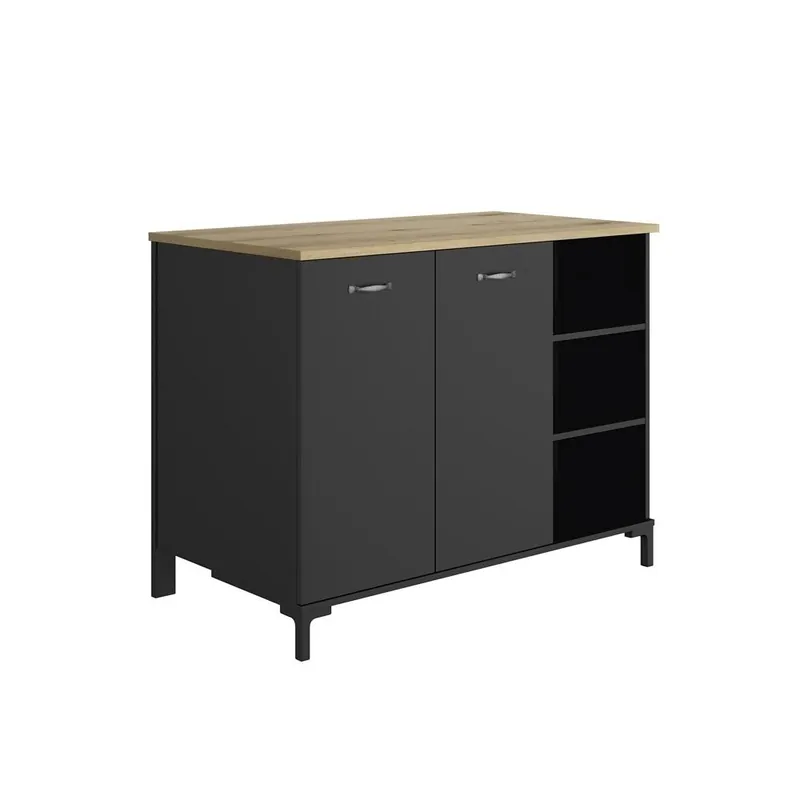 MUEBLE AUXILIAR DE COCINA DE ESTILO INDUSTRIAL RUBY, Roble Helvezia / Negro , 120 x 66 x 93 cm, mueble auxiliar de cocina de estilo industrial - Muebles