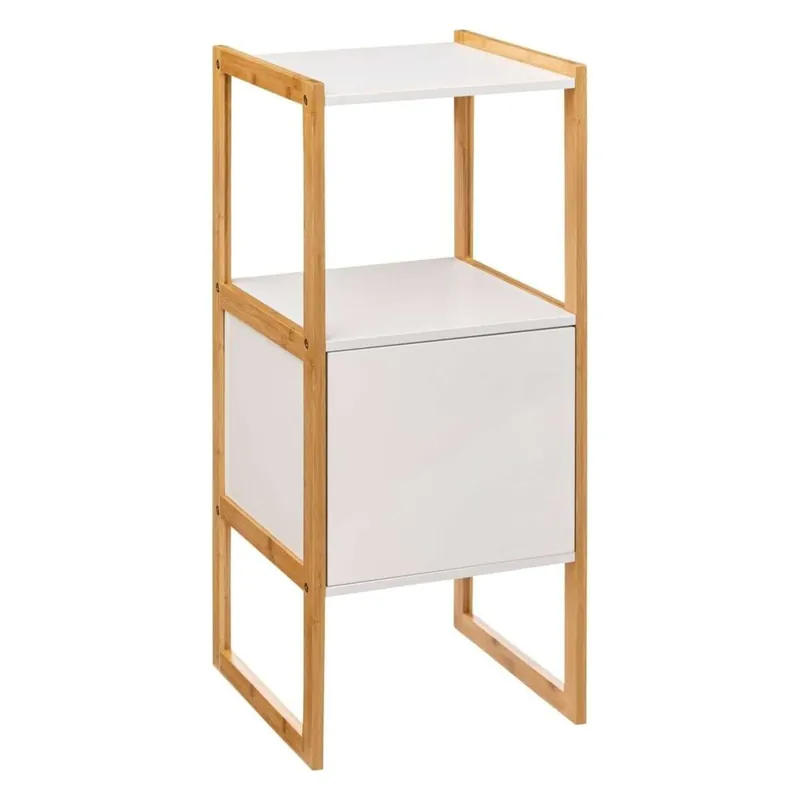 Mueble Auxiliar Natureo de Baño Estilo Nórdico en Color Blanco y Bambú con 1 puerta y 1 Estante Abierto 33x80x33 cm