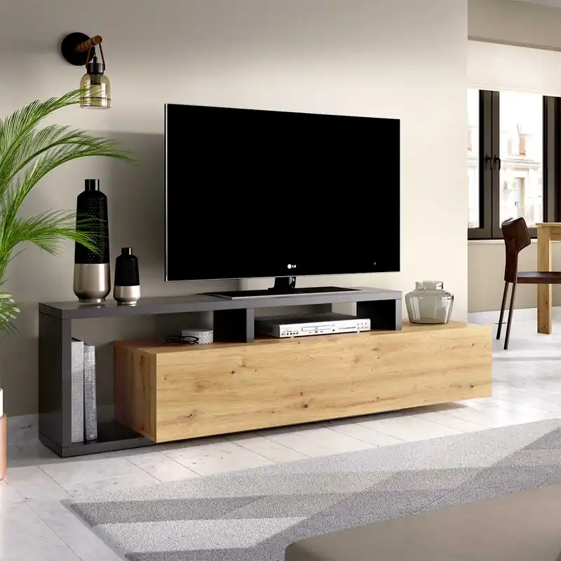 Mueble bajo TV Kram 1 puerta grafito/nordic 47x165x40 cm - Muebles