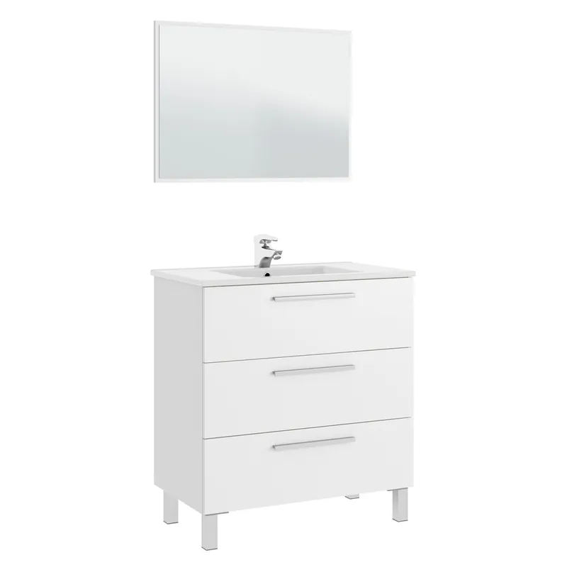 Mueble baño Alise 3 cajones espejo, sin lavabo, Blanco brillo