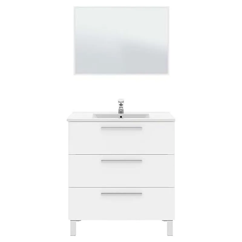 Mueble de Baño Taria Estilo Contemporáneo en Color Blanco Brillo con Espejo y 3 Cajones 80x86x45 cm (Lavabo Opcional)
