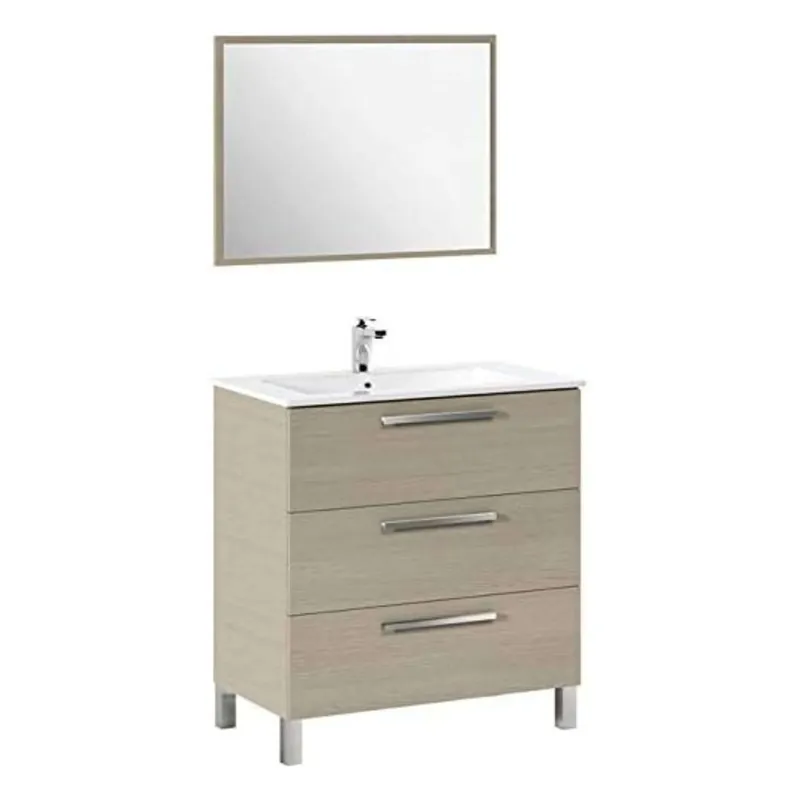 Mueble de Baño Taria Estilo Natural en Color Roble Claro con 3 Cajones, Patas y Espejo 80x86x45 cm (Lavabo Opcional)