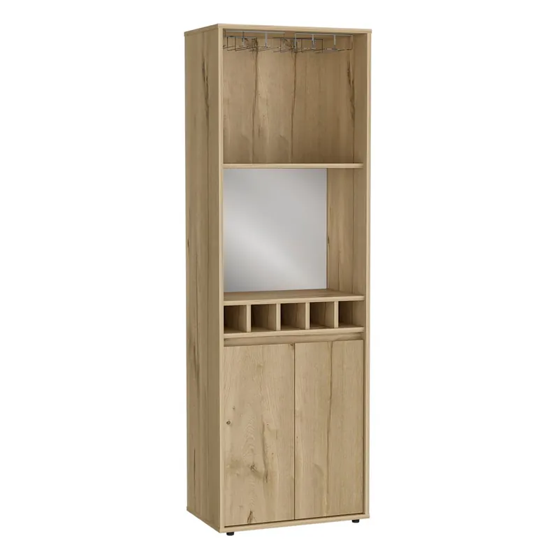 Mueble Bar Prana en melamina con 4 estantes , 2 puertas , 4 portabotellas y 6 portacopas , beige , 180 cm X 58.4 cm X 37 cm - Muebles