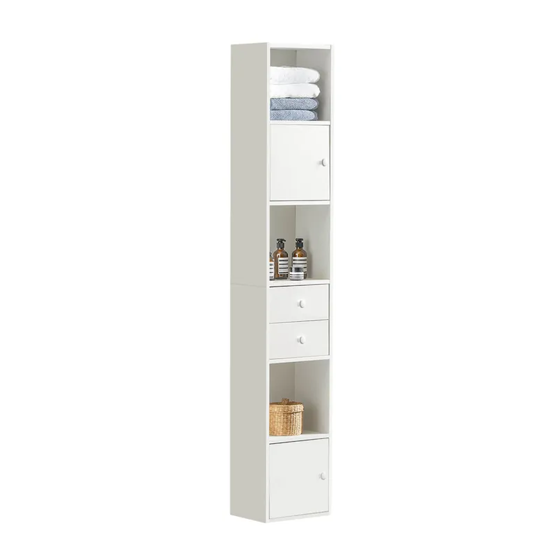 Mueble Columna de Baño Armario de Almacenamiento Armario Independiente con 2 Puertas y 2 Cajones Blanco 33x24x188cm STR10-W SoBuy