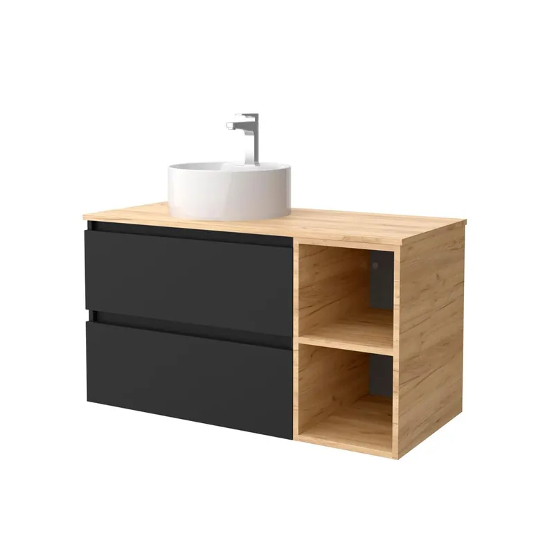 Mueble de baño 90 cm 2 cajones Blanco mate y coqueta 2 huecos Roble con Lavabo sobre encimera