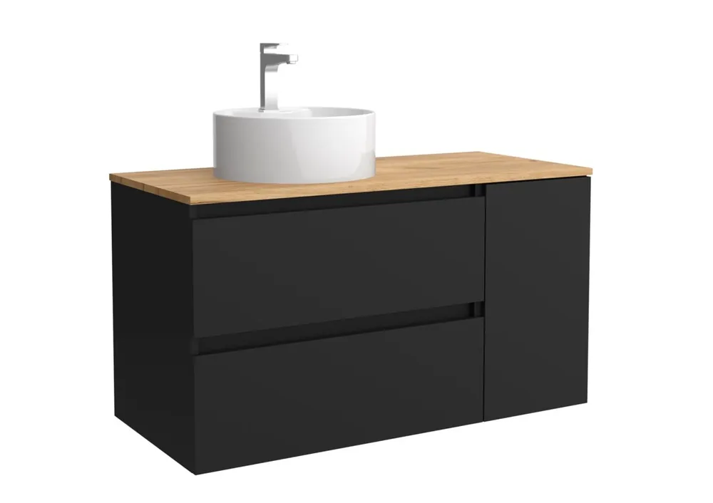 Mueble de Baño Bequia 90cm + coqueta 1 Puerta lado reversible + Encimera + lavabo posar| Azul mate / Roble |90x45x54