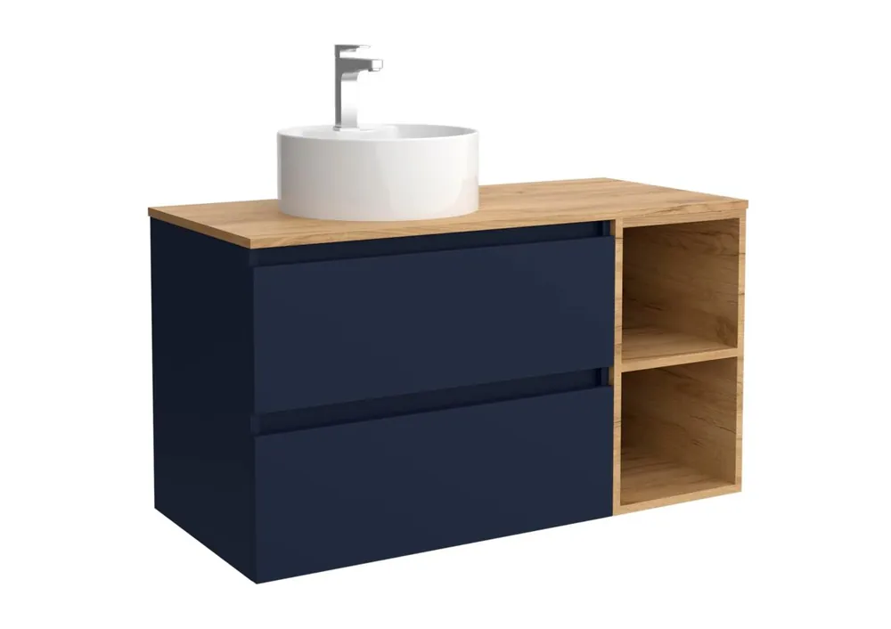 Mueble de Baño Bequia 100cm + coqueta 2 huecos lado reversible + Encimera + lavabo posar| Azul mate / Roble |100x45x54