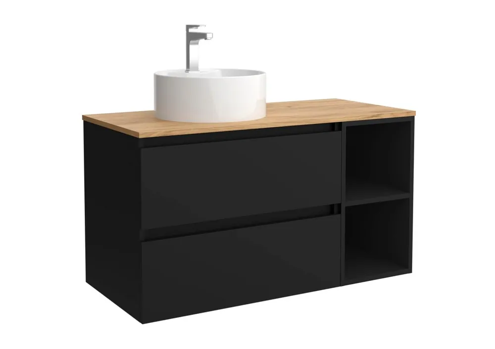 Mueble de Baño Bequia 90cm + coqueta 2 huecos lado reversible + Encimera + lavabo posar| Azul mate / Roble |90x45x54