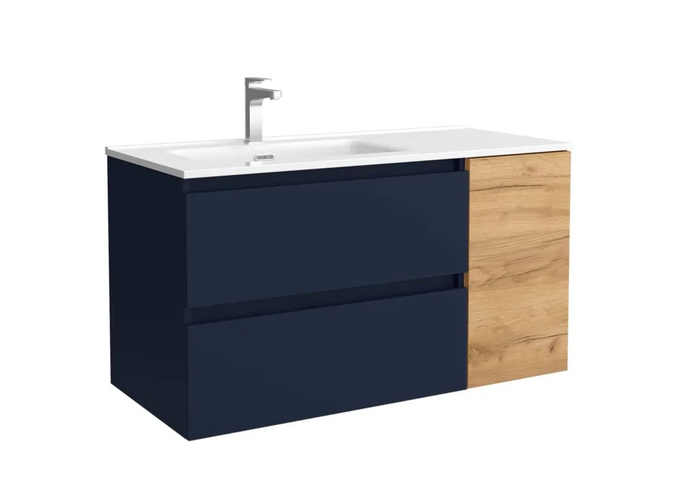 Mueble de Baño Bequia 100cm + coqueta 1 Puerta Derecha + lavabo cerámica | Azul mate / Roble |100x45x56