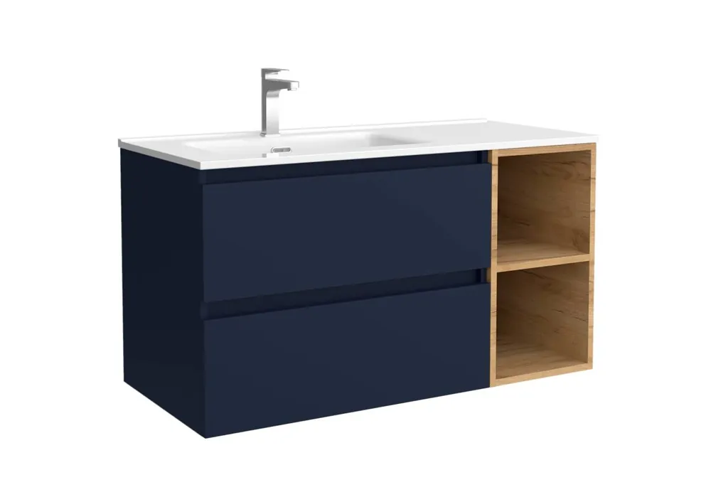 Mueble de Baño Bequia 90cm + coqueta 2 huecos Derecha + lavabo cerámica | Azul mate / Roble |90x45x56