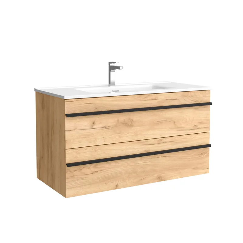 Mueble de baño serie BORN 100 cm Roble con perfil de tirador | Lavabo de porcelana | Salgar