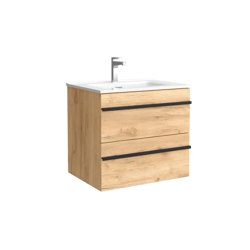 Mueble de baño serie BORN 60 cm Roble con perfil de tirador | Lavabo de porcelana | Salgar
