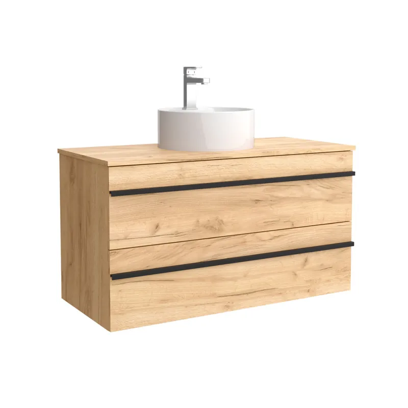 Mueble de baño serie BORN 100 cm Roble con perfil de tirador | Lavabo sobre encimera | Salgar