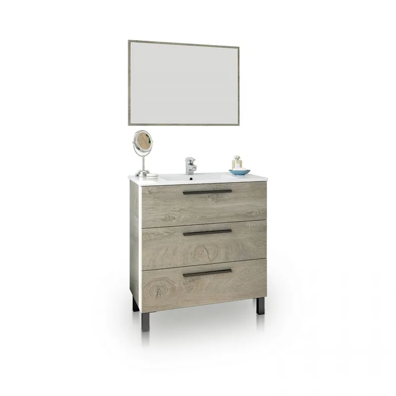Mueble de baño con espejo Sense 3 cajones Roble Alaska 80 x 86 x 45 cm