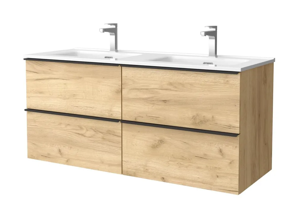 Mueble de baño Nabua 120 cm Roble con tirador de pestaña | Lavabo de porcelana