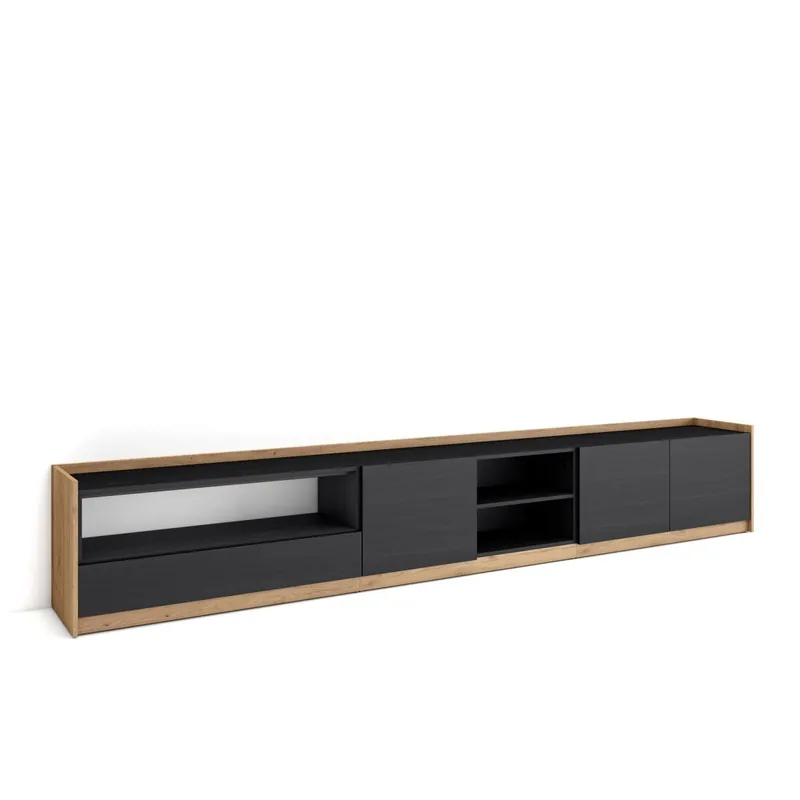 Mueble TV, Televisión, Muebles de salón, almacenaje, 310x37x50 cm, Para TV hasta 80", Con almacenamiento, Estilo Moderno, Blanco y roble soft