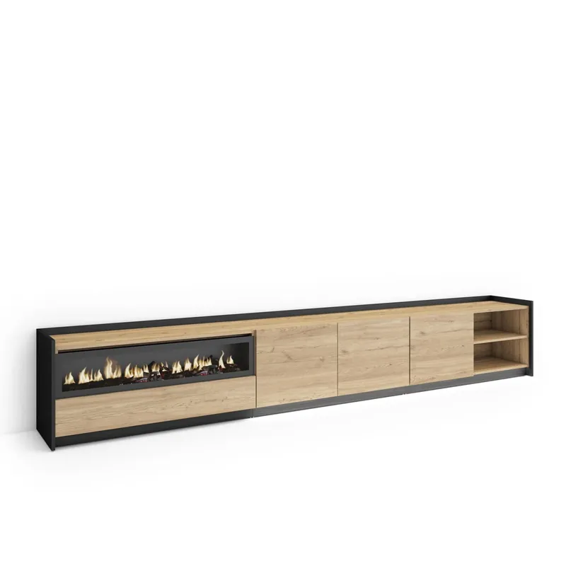 Mueble TV, Televisión, Muebles de salón, almacenaje, 310x37x50cm, Para TV hasta 80", Chimenea eléctrica, LED, Estilo Moderno, Blanco y roble soft