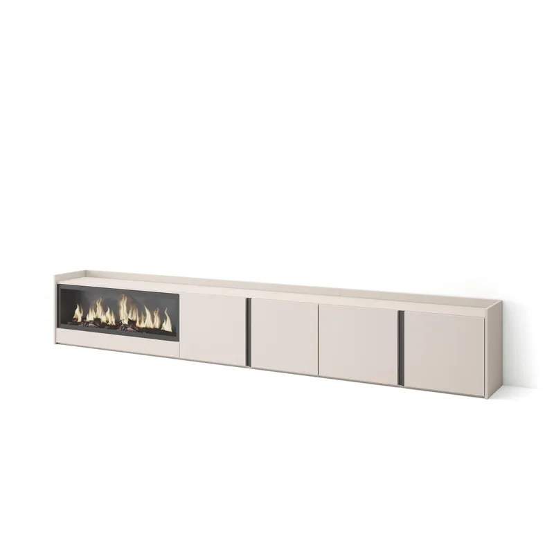 Mueble TV, Televisión, Muebles de salón, almacenaje, 315x35x50cm, Para TV hasta 80", Chimenea eléctrica XXL, Estilo Moderno, Beige