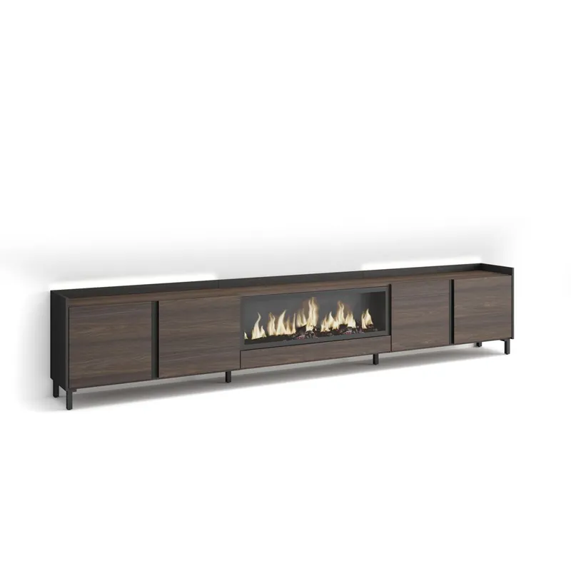 Mueble TV, Televisión, Muebles de salón, almacenaje, 315x35x61cm, Para TV hasta 80", Chimenea eléctrica XXL, Diseño industrial, LED, Estilo Moderno, Beige