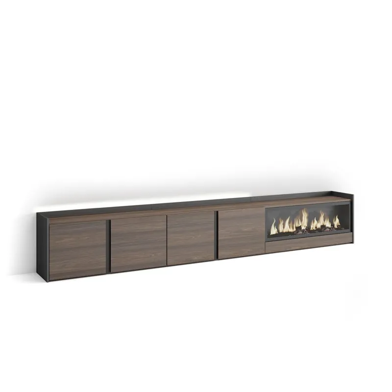 Mueble TV, Televisión, Muebles de salón, almacenaje, 315x35x50cm, Para TV hasta 80", Chimenea eléctrica XXL, LED, Estilo Moderno, Beige