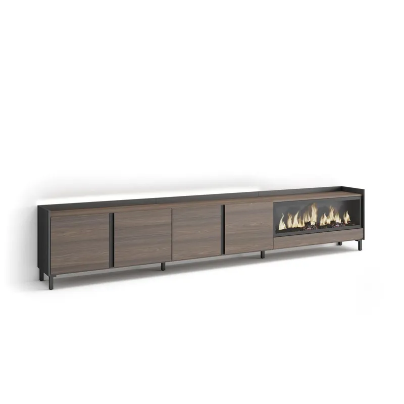 Mueble TV, Televisión, Muebles de salón, almacenaje, 315x35x61cm, Para TV hasta 80", Chimenea eléctrica XXL, Diseño industrial, LED, Estilo Moderno, Beige