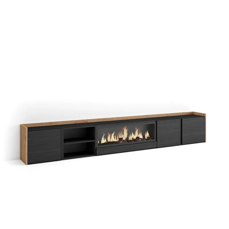 Mueble TV, Televisión, Muebles de salón, almacenaje, 315x35x50cm, Para TV hasta 80", Chimenea eléctrica XXL, Estilo Moderno, Beige