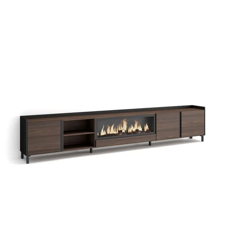 Mueble TV, Televisión, Muebles de salón, almacenaje, 315x35x61cm, Para TV hasta 80", Chimenea eléctrica XXL, Diseño industrial, Estilo Moderno, Beige