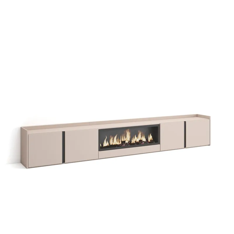 Mueble TV, Televisión, Muebles de salón, almacenaje, 315x35x50cm, Para TV hasta 80", Chimenea eléctrica XXL, Estilo Moderno, Beige