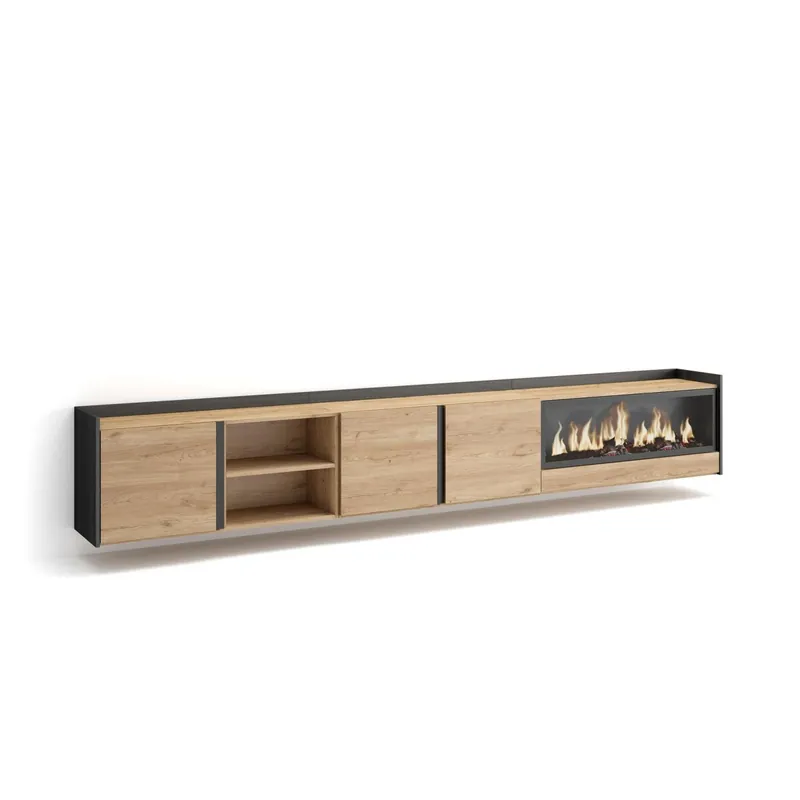 Mueble TV, Televisión, Muebles de salón, almacenaje, 315x35x50cm, Para TV hasta 80", Chimenea eléctrica XXL, Colgado, Suspendido, Estilo Moderno, Beige