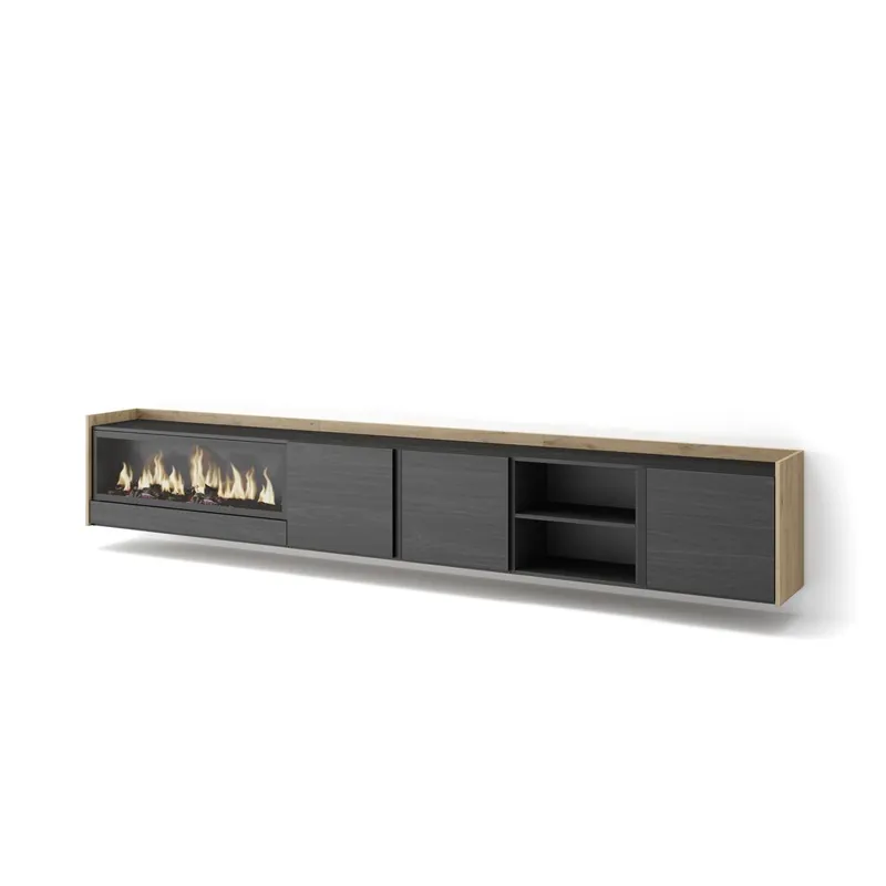 Mueble TV, Televisión, Muebles de salón, almacenaje, 315x35x50cm, Para TV hasta 80", Chimenea eléctrica XXL, Colgado, Suspendido, Estilo Moderno, Beige