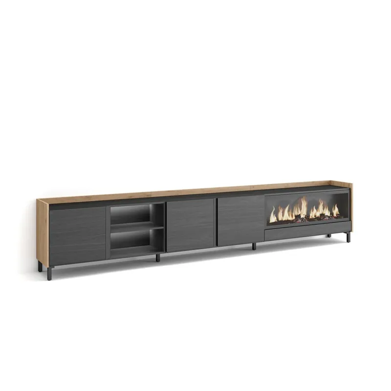 Mueble TV, Televisión, Muebles de salón, almacenaje, 315x35x61cm, Para TV hasta 80", Chimenea eléctrica XXL, Diseño industrial, LED, Estilo Moderno, Beige