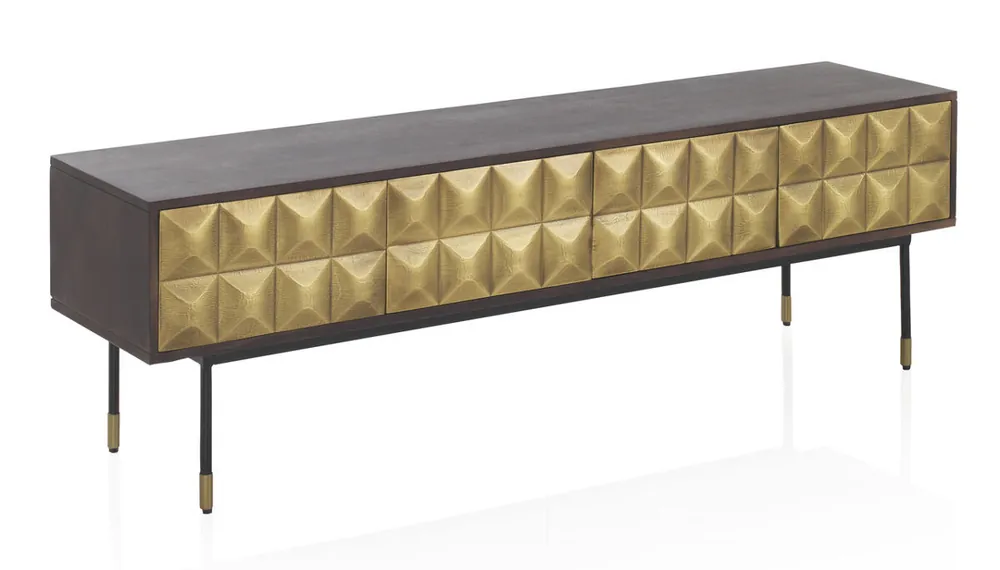 Mueble TV 4 Puertas Frente De Metal Dorado Madera Maciza Con Patas De Metal Negro Y Dorado - Muebles
